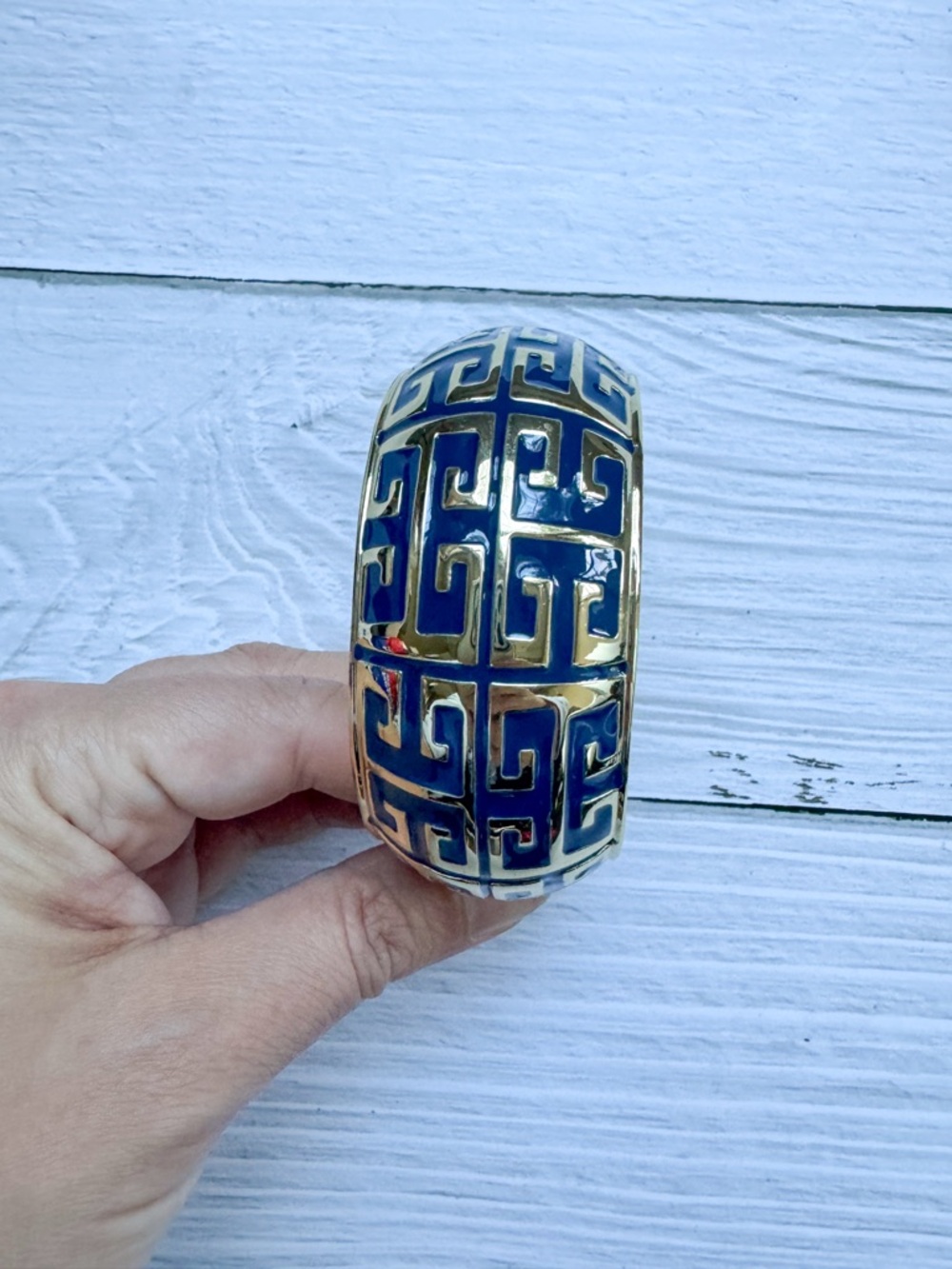 Blue Enamel Greek Key Clamper Bangle Gold-Tone Chunky Magnetic Clasp